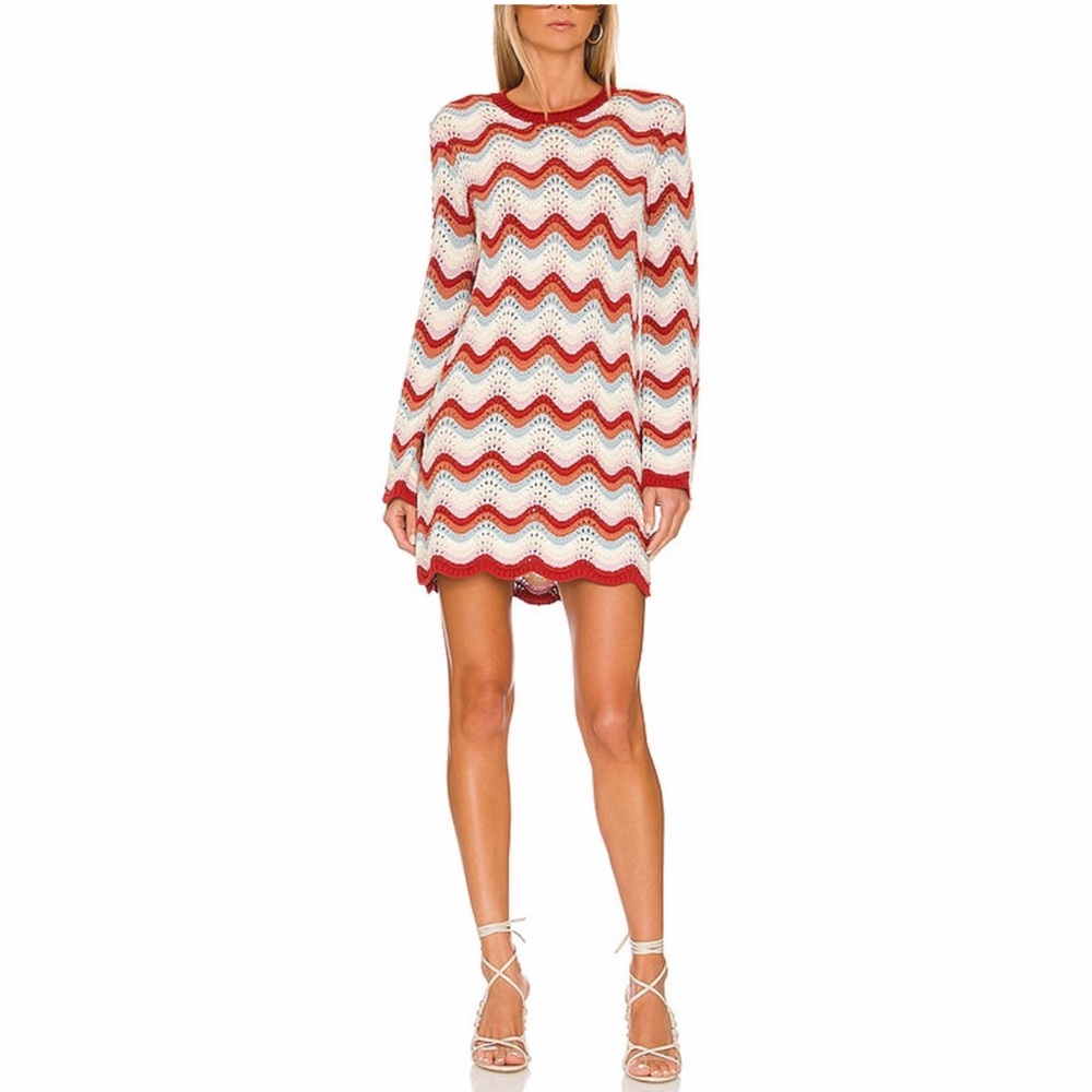 27 Miles Malibu Red & White Wave Crochet Mini Dress